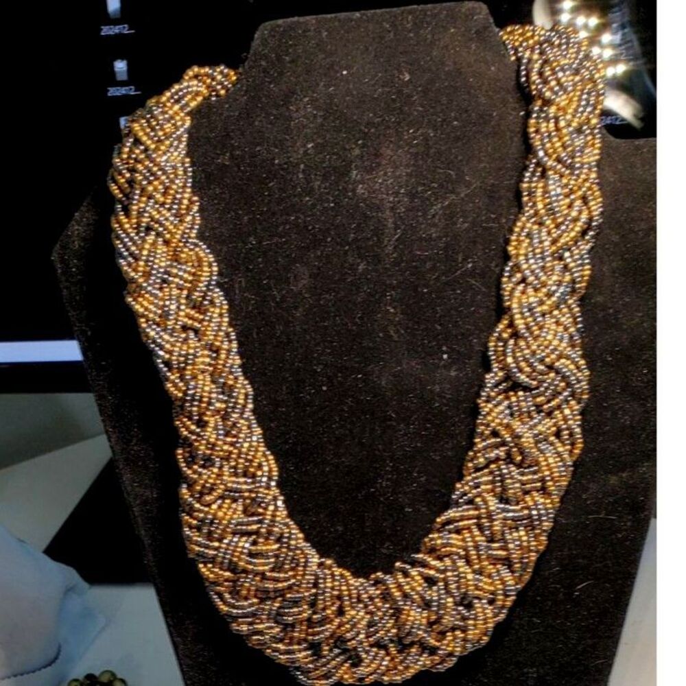 Hand Beaded Gold and Navy Blue Multi-Strand Statement Necklace
